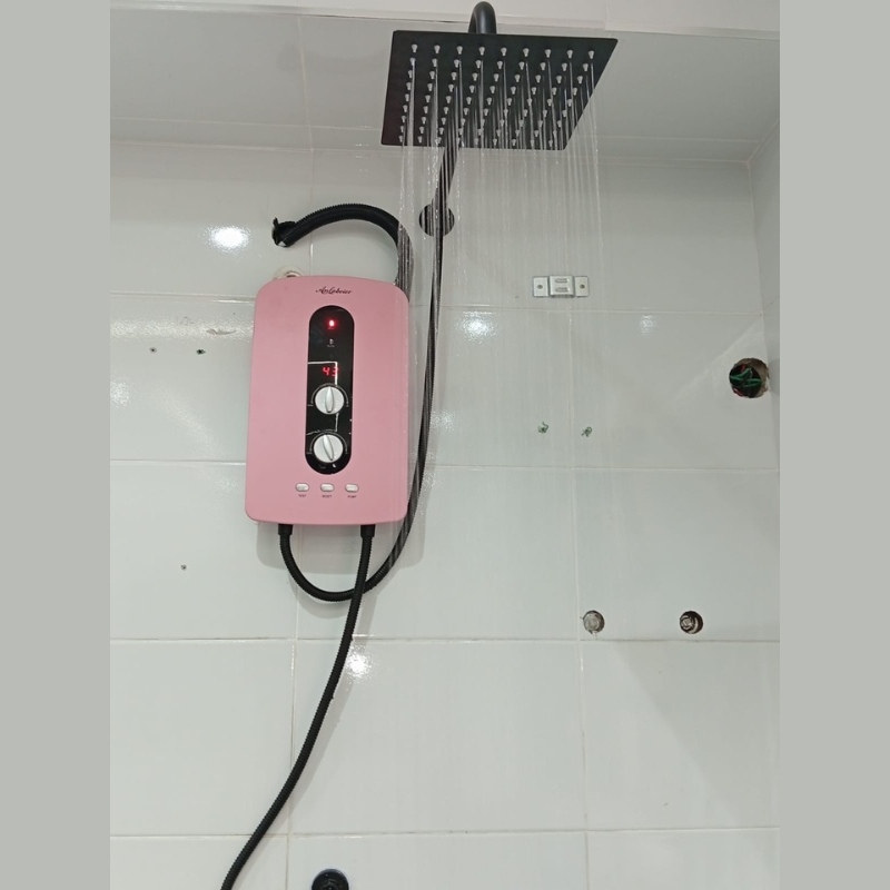 Pink Water heater with inbuilt booster pump & Elegant Black Top shower